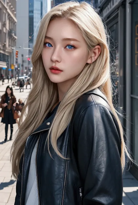 Asian girl, blue eyed blonde, Long hair, black hair, beautiful face, with leather jacket, Jean, in the city, 20 years old, textured skin, Very detailed, HD, high quality, High resolution, from the waist up 