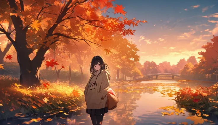 A woman with black hair and cute clothes,With famous Japanese spots as background、listen to music、Japanese。「Ueno Park」 Autumn evening、Ueno Parkの池のほとりで女の子が青いヘッドホンをつけて座っている。She put her hands in her hoodie pockets、I gaze at the red and yellow leaves that fall...