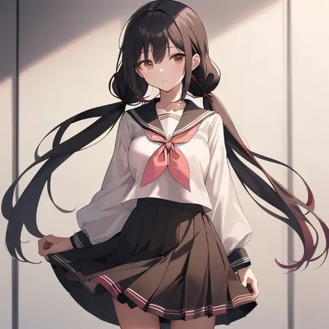 (best quality, masterpiece, ultra detailed, anime, high resolution), anatomically correct, anime, 1girl, very long low twintails, red ribbon, black hair, serafuku, black sailor collar, white blouse, pink neckerchief, black skirt, dark brown eye, school, fr...