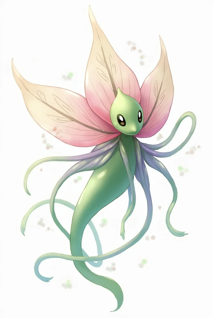 Create a new Pokémon, with a Pokémon-style design, which is a plant with fairy aspects. The background of the image must be white.