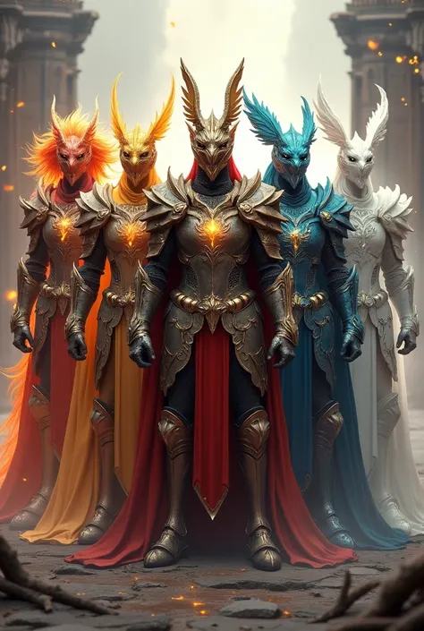 Group of 5 knights with different armor symbolizing a phoenix, a dragon, a serpent, a griffin and a ghost 