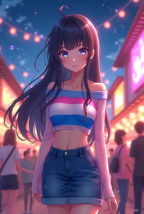 realistic styling, アニメ, hyuga hanabi with long hair, at a moonlight festival. denim mini skirt and a transparent crop top in the colors of the trans flag: blue white and pink. eye white.