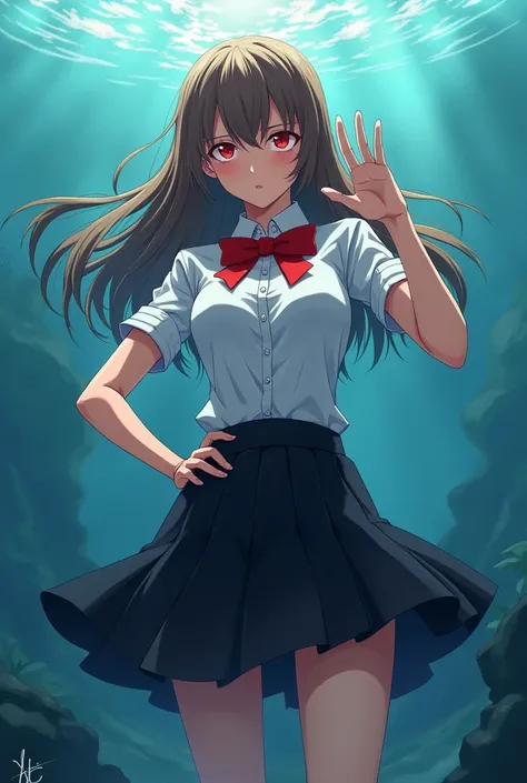 Alice the bully underwater red eyes ,tan skin,black skirt, white shirt, red bowtie on neck, brown hair, anime, holding her breath