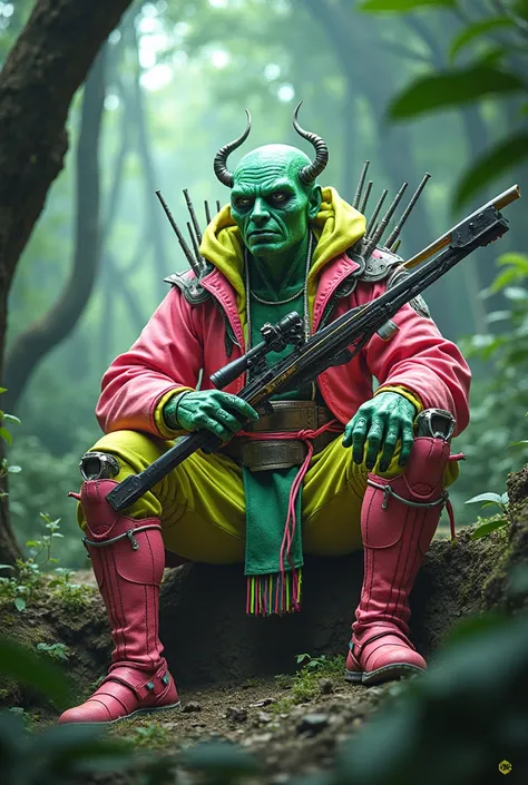 Green man,  forest. china armor , fighter, seated , by the type leon, gills, sexy. Neon colored clothes, Crossbow,  blood, swords, powers of lights , four robotic arms, , pink clothes, yellow and green, neon, fluorine, military, Boots 