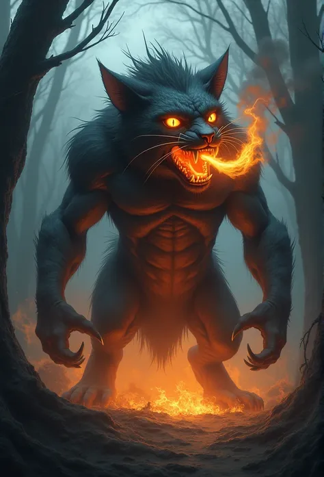 A creepy and strong cat。２Foot walking。Spitting flames from his mouth。