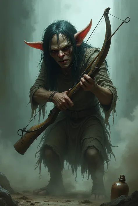 Goblin, holding vile, long stringy black hair, tattered clothing, cowering in fear, missing ear, beaten badly, holding a crossbow, surrounded by poisons gas