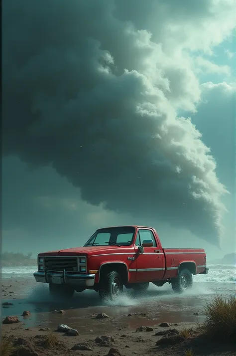 A hurricane with a red pickup truck 