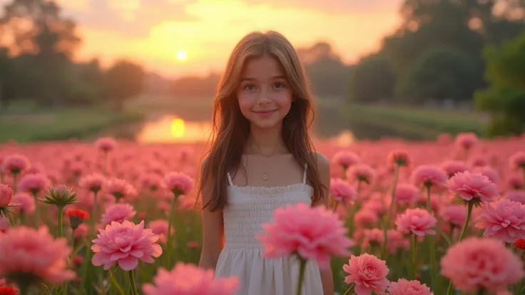 field of flowers with a sunset in the background, field of flowers, flower fields, floral sunset, field of flowers, field of flowers de fantasia, foto muito bonita, a beautiful landscape, beautiful nature, beautiful scenery with flowers, Pink, Beautiful pi...