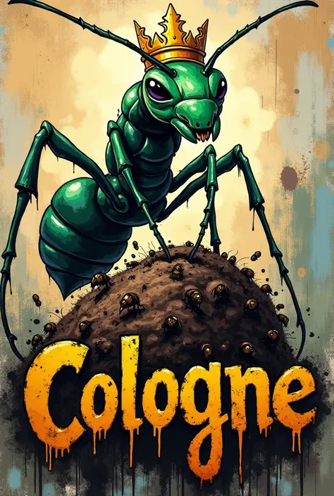 A Gangster Style Graffiti, of an ant colony with an ant with a crown on top of the anthill, with green and golden crown color, Graffiti, Drawn Gang Style Image with Name "Cologne" pinched below, dripping ink.