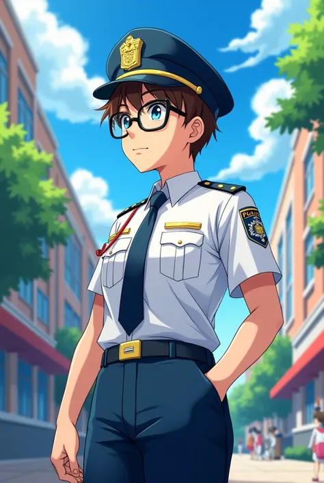  A young innocent police officer with glasses looking to the left in anime school style
