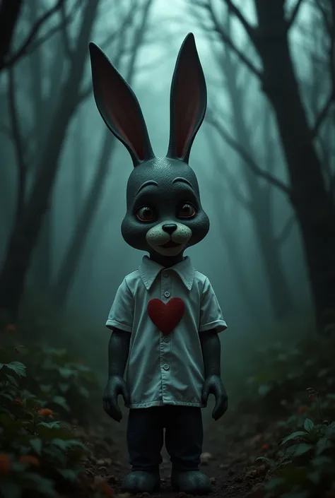 Creepy Adult Playboy Bunny, dressed in a white closed shirt decorated with a heart,in a spooky forest