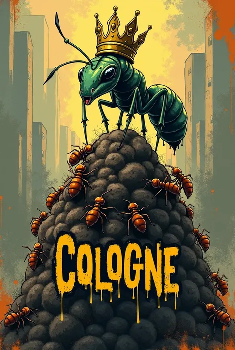 A Gangster Style Graffiti, of an ant colony with an ant with a crown on top of the anthill, with green and golden crown color, Graffiti, Drawn Gang Style Image with Name "Cologne" pinched below, dripping ink.