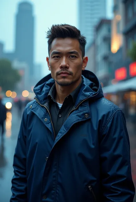 Realistic pictures, Handsome man under 40 with short brown hair, wearing a blue raincoat, standing in the rain, Bangkok city in the background, Blue atmosphere 