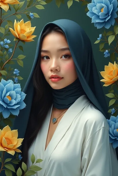 A beautiful Indonesian woman wears a hijab with a serene expression, surrounded by bright and colorful flower arrangements. The flowers are various shades of blue, yellow, and green, creating a striking contrast to the womans face. The lighting and colors ...