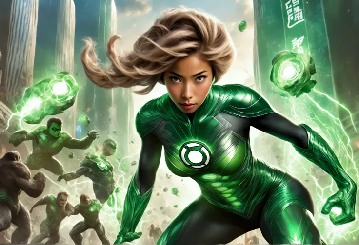 lovely cute yuna woman in role as Green Lantern (skin tight costume), defending the city from Alien Robot Ape Monsters, epic showdown