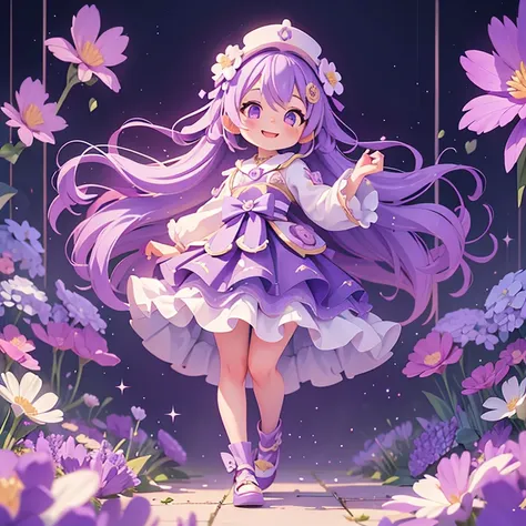 lavender　cute　Personification、Ashikaga Flower Park、One girl, High resolution, smile, Purple eyes, High resolution, masterpiece, Purple Hair, Sparkle Effect, whole body