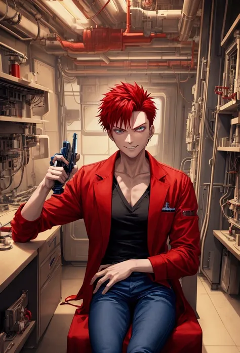 a very short red spiky haired man, alone, sitting, male, holding a plasma pistol in his mechanical right hand, in a futuristic laboratory, smirking, red shirt, lab coat, blue jeans, looking at viewer, masterpiece, high details, high quality.
