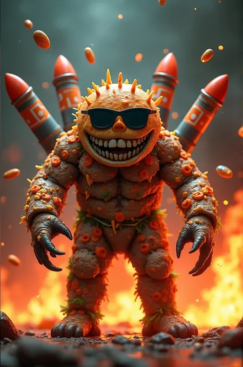 Evil sushiburger surrounded by fire, with sunglasses and crazy appearance launching sushis from his missile arms