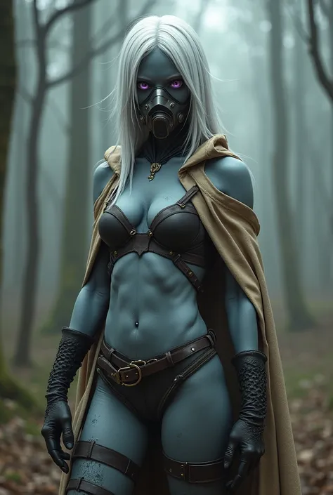 humanoid female figure with bluish-gray skin, athletic build, and defined muscles, Her left arm features subtle, fine-scale-like textures, seamlessly blending with her skin, hinting at possible adaptation to a harsh environment. Her eyes are normal with pu...