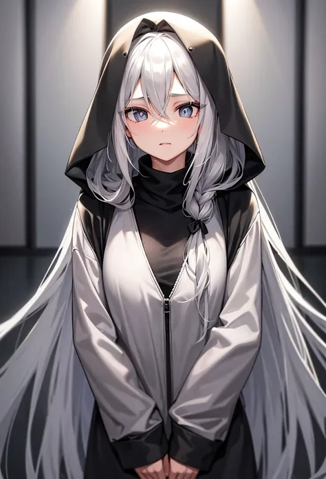 silver hair、semi-long hair,{{{{{{{{ black hoodie oversized }}}}}}}},beautiful and delicate golden eyes,thought,black clothes,