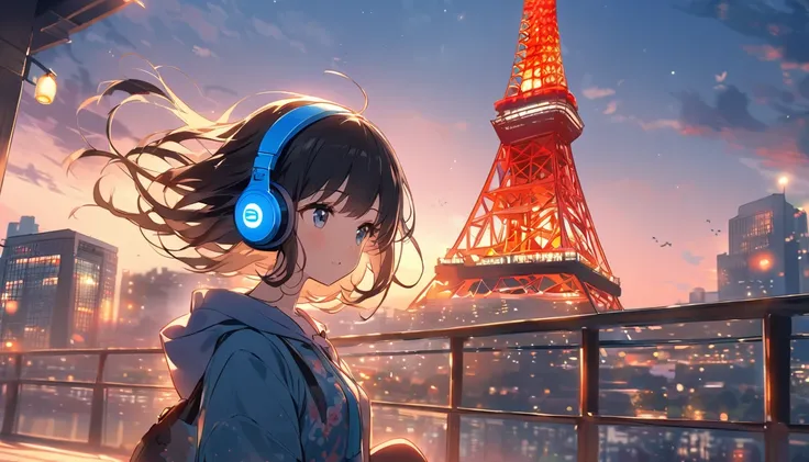 A woman with black hair and cute clothes,、A girl with blue headphones「Tokyo Tower」
Wear a hoodie、A girl with blue headphones、Tokyo Towerの真下に立っている。She sighed a little、The evening sky and the red lights of the tower gradually々I quietly watch as the day brigh...