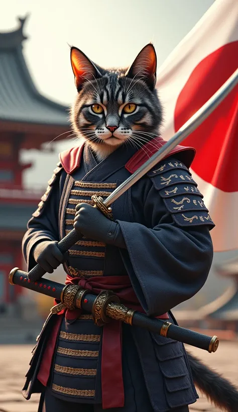 Samurai cat holding a Japanese sword, headband and Japanese flag
