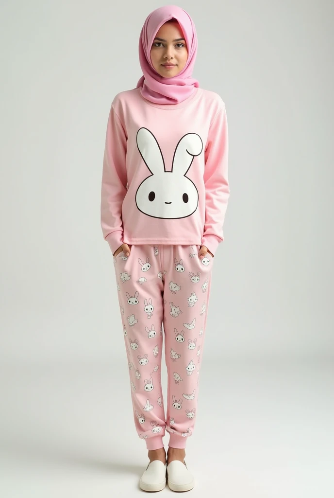 (real picture) a 20 years old teenage girl wearing pajamas my melody characters print and hijab and white shoes full body 