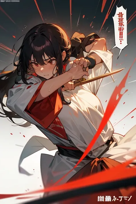 A long-haired female martial artist covered in translucent sweat takes off her clothes,knife,
Sweating in martial arts.Remove shirt,Japanese Text