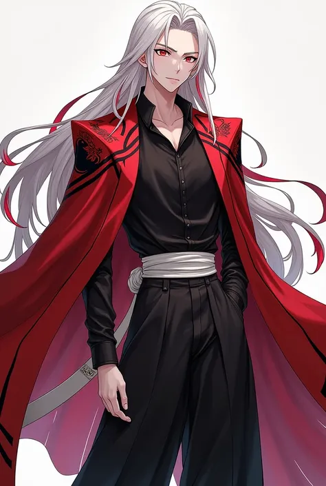 Draw a character of 1,63 male with a black long-sleeved blouse a white leather belt and black wide pants and the red haori with a single black stripe that runs through all corners of the haori and reaches down to the knees and has thick bands coming out of...