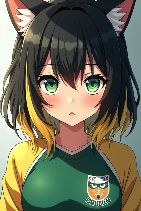 Female haikyuu character with green eyes and black hair with blonde streaks with bangs cat eyes is 1,65 goes to Nekoma school and is very pretty, she is half Scottish and half Japanese