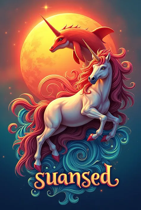 Logo with a red sun, orange dolphin, unicorn and use the word suansed