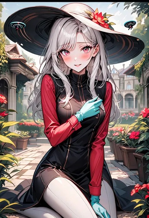 solo, female, long straight white hair, reddish pink eyes, modest figure, shy, florid garden, luxurious mansion, wealthy lady who is self-conscious of her more successful sisters, simple gardening clothes, working at her garden, outdoors, big sun hat, dirt...