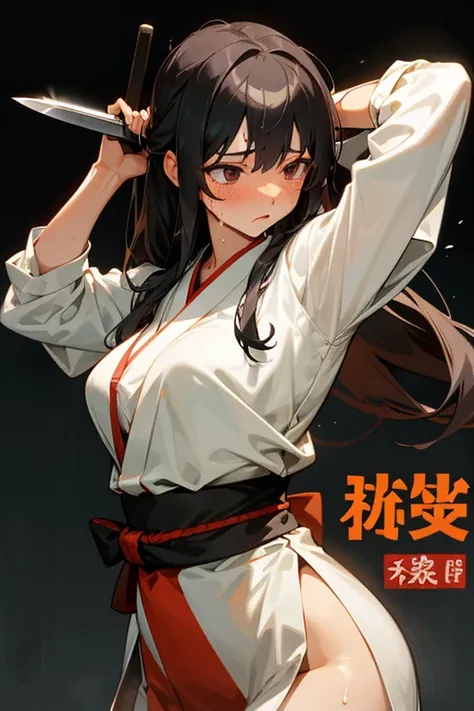 A long-haired female martial artist covered in translucent sweat takes off her clothes,knife,
Sweating in martial arts.Taking off maid clothes,Japanese Text