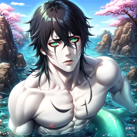 absurdres, highres, ultra detailed, HDR, master piece, best quality, extremely detailed, detailed eyes, Ulquiorra Cifer, black hair, expressive green eyes, pale skin, Bleach, solo, sexy merman, handsome, sensual, manly, bare chest, sea, blue sky, rocks, ch...