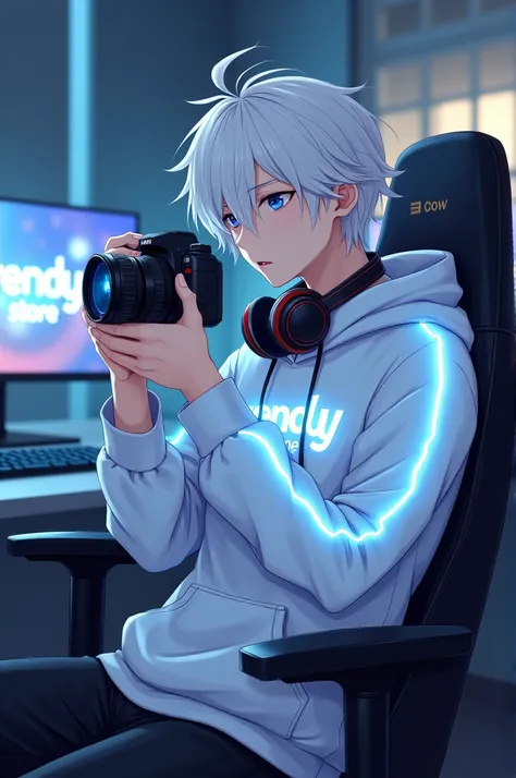 Anime male 1 wearing a white hoodie with writing "RENDY" on the chest,Hoodie has a glowing effect,wearing sneakers,White hair,headphones on the neck taking pictures on a gaming chair while posing Sitting,1 computer behind it says RENDY STORE 