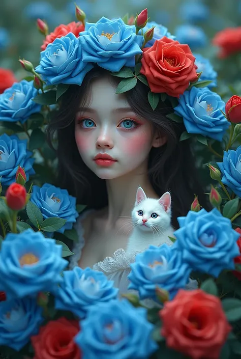 Buried in blue and red roses、Cute white cat、Her eyes are a pale rainbow color..　Magical beauty