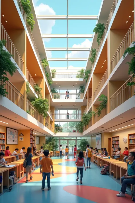 Make an international school interior design where the building is 4 floor and each floors area is 5000 square feet