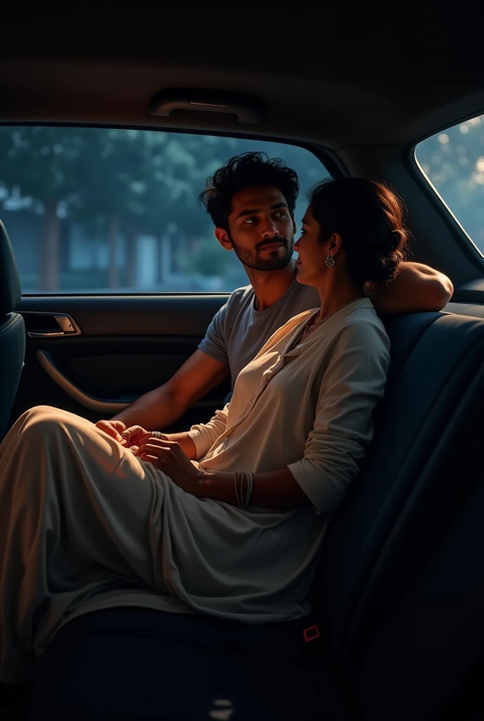 At night, one handsome indian 1 boy wears tshirt shorts sitting on back seat of the car and 40 year old woman is sitting on that boys lap. That woman wears kurta and slack. Back seat the car.