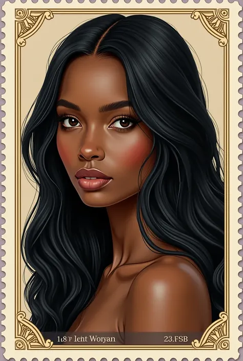 A stamp of a black woman with long black straight hair 