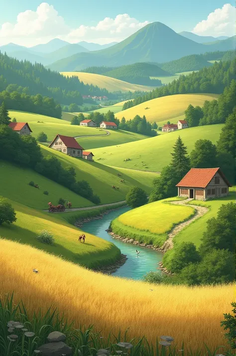 I want to draw a picture about the countryside. 