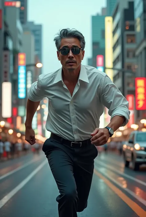 Japanese man running with sunglasses