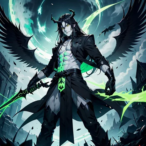 whole body, male, Long black hair, Pure white skin, Glowing yellow eyes. Black overcoat, No shirt, Abdominal muscles, Green Details, Holding a glowing green sword, Black gloves, Black long boots, Giant demon black wings, black horned crown, Simple Backgrou...