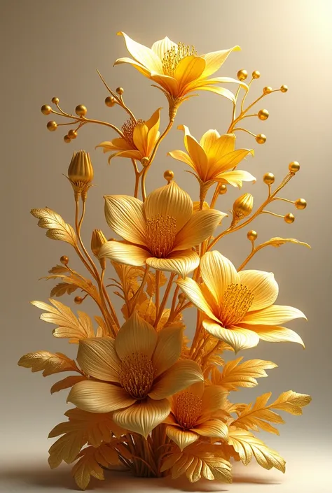 A flower arrangement made of gold with long stems and leaves，Highest quality，Rich in details，Realistic，