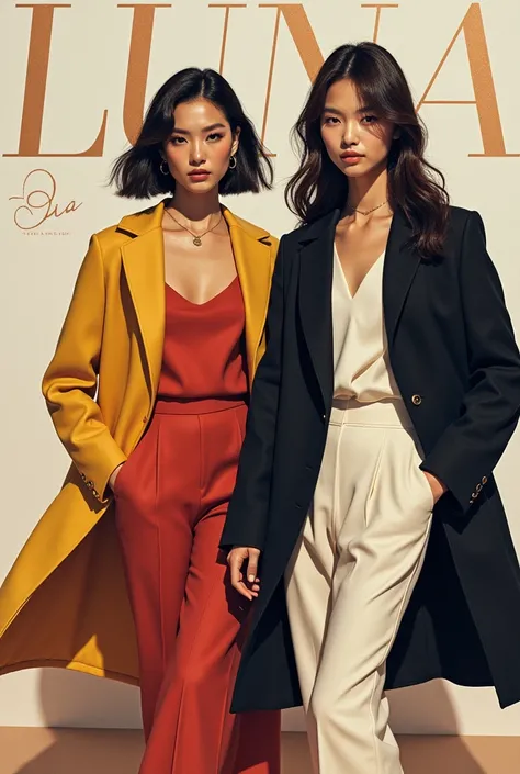 Create a fashion poster for a luxury brand, Show off your chic and trendy style. The poster features a 2 Japanese woman., Highlight a brand that focuses on fashionable and contemporary design. With a sophisticated and modern aesthetic、High-quality visuals ...