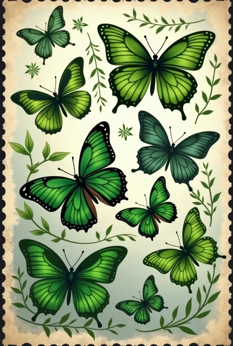 An old stamp of green butterflies