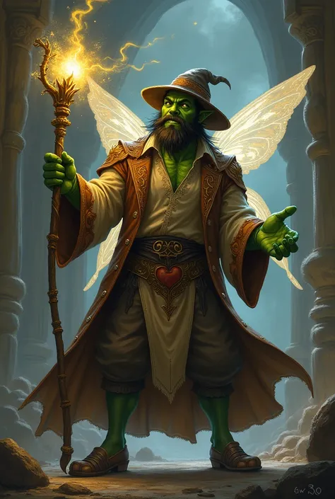 Half orc, fine clothing, fully clothed fairy flying around them, thin build, green skin, fancy merchant hat, short beard, fancy, casting spell holding a staff