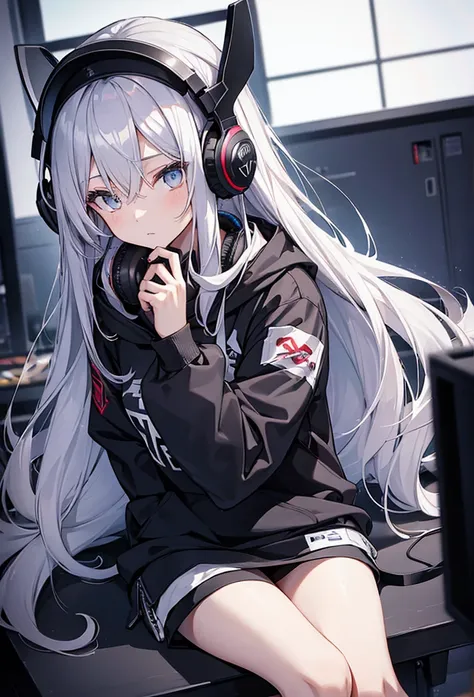 Woman using computer with big screen、Silver Hair、Semi-long hair、Put on some cool headphones,{{{{{{{{ Black hoodie oversized }}}}}}}},Beautiful and delicate golden eyes,thought,Black clothes,