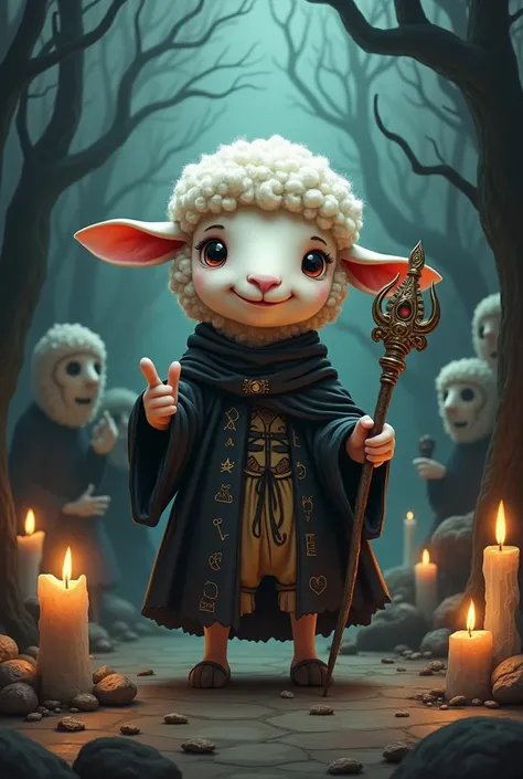 Cute humanoid sheep controlling a dark cult cartoon style