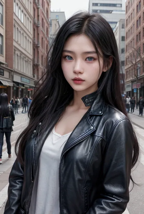 Asian girl, Blue-eyed, Long hair, black hair, beautiful face, with leather jacket, Jean, in the city, 20 years old, textured skin, Very detailed, HD, high quality, High resolution, Long hair, 