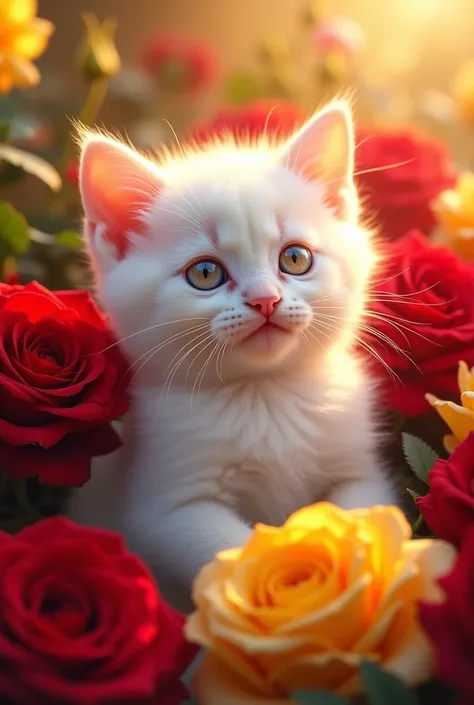 Buried in red and yellow roses、Cute white kitten、The kitten&#39;s eyes are a pale rainbow color..　Magical beauty